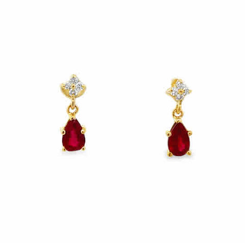 14 Karat Yellow Gold Earrings with 6x4mm, "Better" Pear Cut Rubies, and Round Brilliant Cut Diamonds