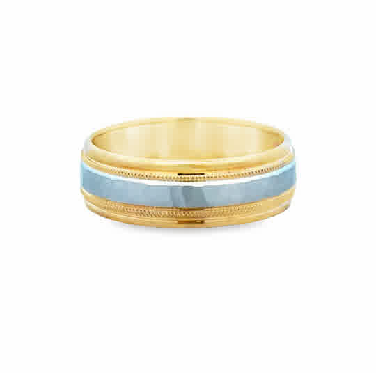 18ky/Platinum Flat Round Edge Carved Wedding Band, size 8.75