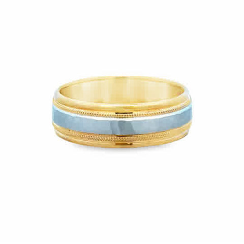 18ky/Platinum Flat Round Edge Carved Wedding Band, size 8.75
