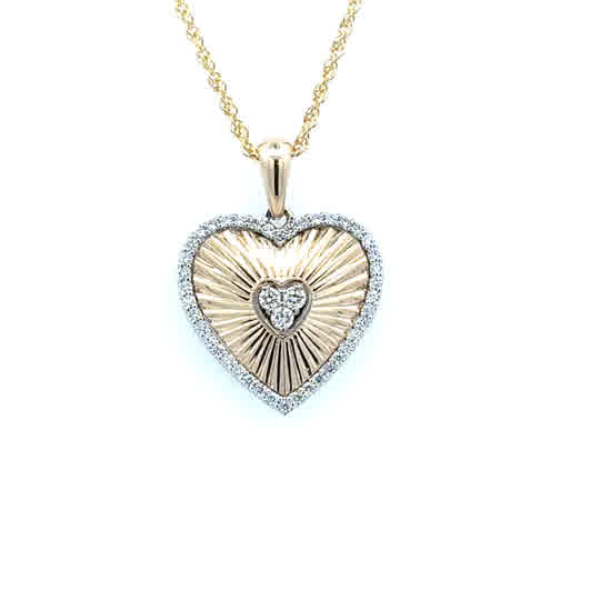 Yellow/White 14 Karat Textured Heart Pendant Length 18 = 0.27tw Round