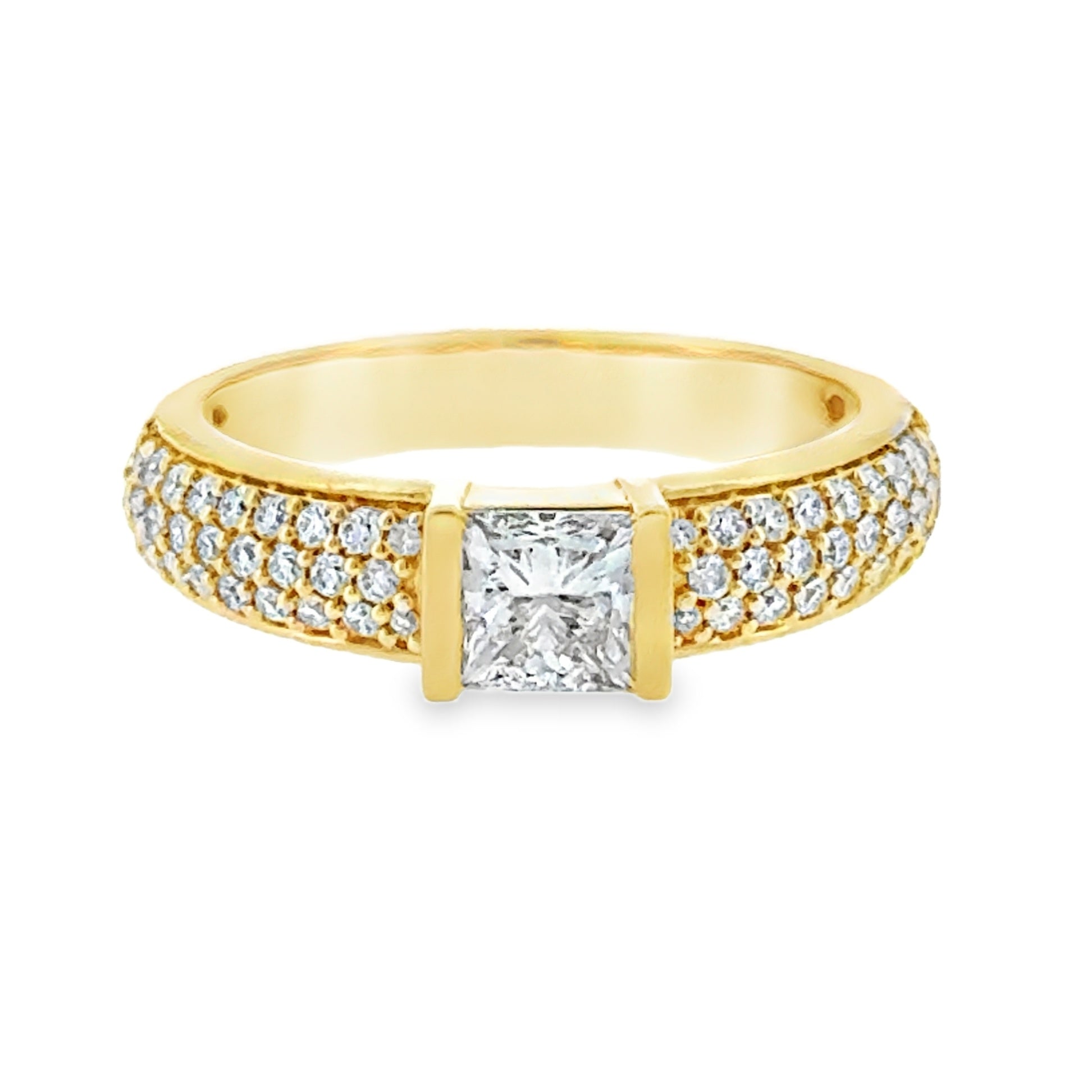 14 Karat Yellow Gold Pave' Ring with One Princess Cut Lab Created Diamond and Round Lab Created Diamonds