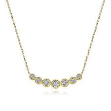 Diamond Bezel Curved Stationary Bar Necklace | 14k Yellow