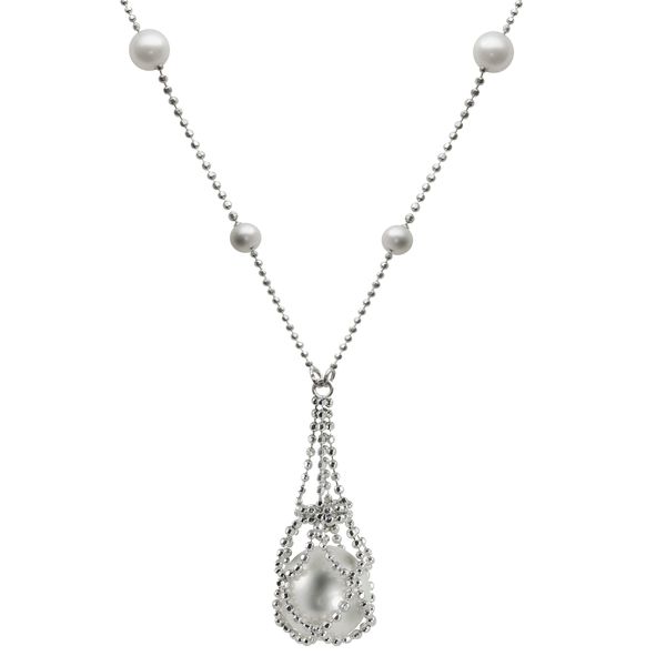 Lady's White Sterling Silver Lace Drop Necklace Length 18