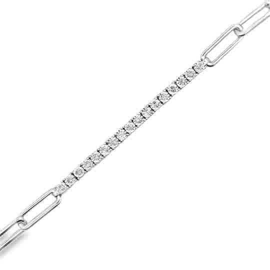 White Sterling Silver Prong Set With Paper Clip Style Chain Bracelet 1