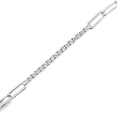 White Sterling Silver Prong Set With Paper Clip Style Chain Bracelet 1