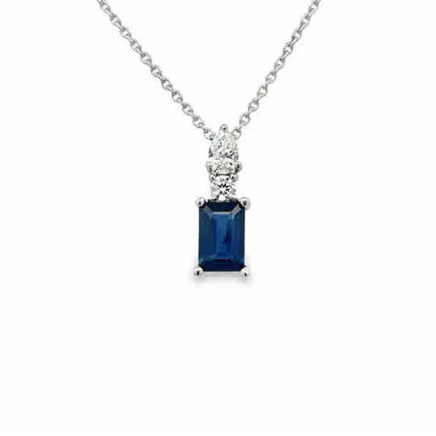 14 Karat White Gold Pendant with 6x4mm, "Better" Emerald Cut Sapphire, with Pear Cut and Round Brilliant Cut Diamonds