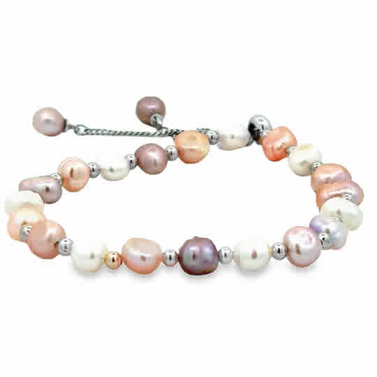 This chic bracelet is made of 6mm cultured white, peach and pink natural color pearls with rhodium plated chain. The chain can be adjusted from 6 inch to 9 inch