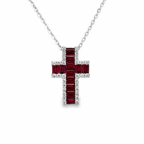 18 Karat White Gold Cross with 1.14ctw of Rubies and .24ctw of Round Brilliant Cut Diamonds