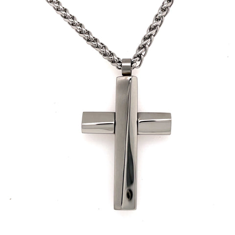 White Stainless Steel Cross Pendant With Steel Round Wheat Chain. 24 I