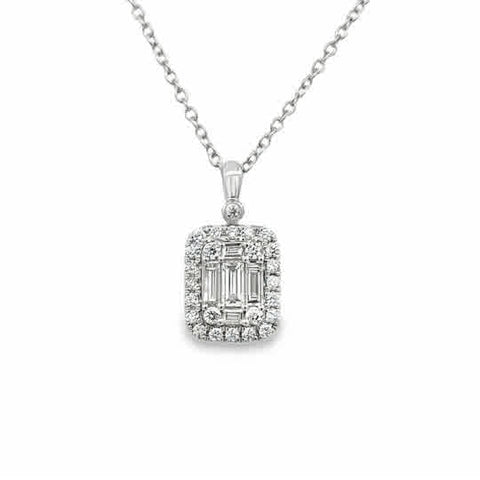 18 Karat White Gold Halo Fashion Necklace with Baguette and Round Brilliant Cut Diamonds
