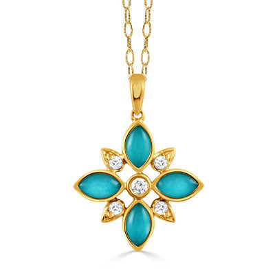 Lady's Yellow 18 Karat Bezel Set, Link Chain Necklace Length 18 4 = 1.78tw Marquise Clear Quartz Over Turquoises
5 = 0.14tw Round G/H SI1 Diamonds