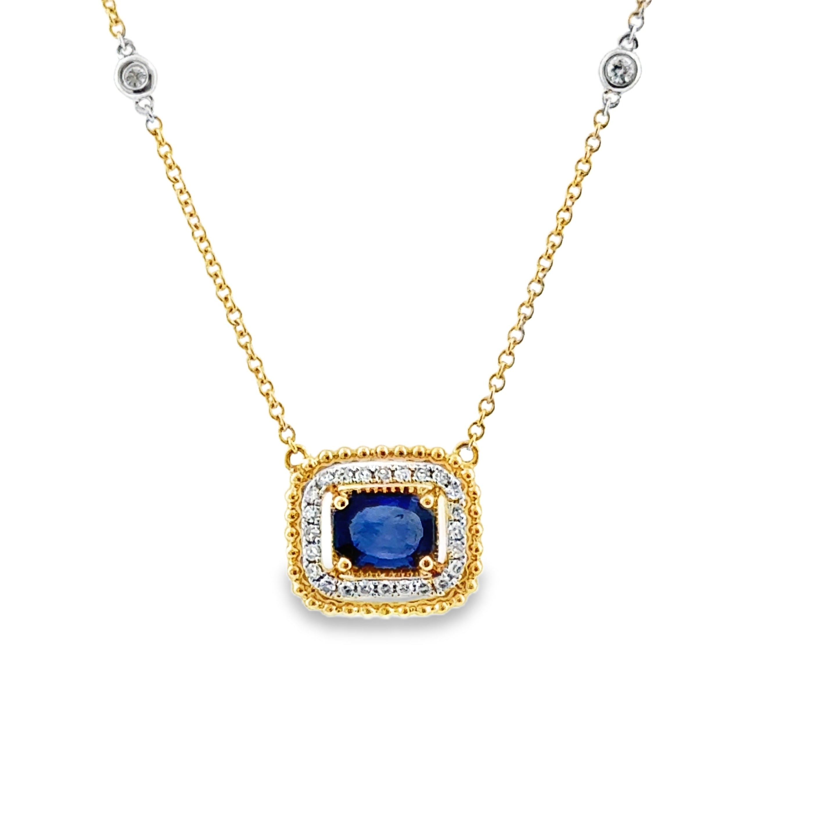 14 Karat Yellow Gold Fashion Necklace with 1.25ct Sapphire and Round Diamonds