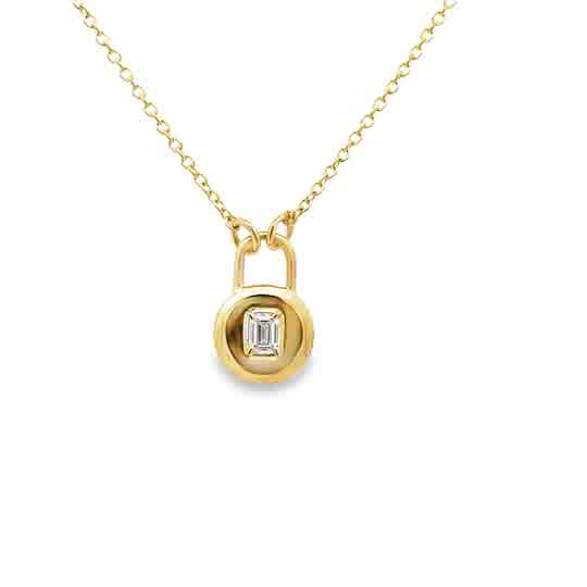 Yellow 14 Karat Lock Pendant Length 18 With = 0.19Tw Baguette G/H Vs2