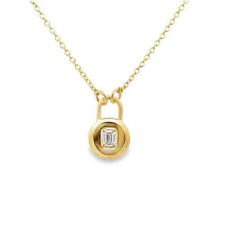 Yellow 14 Karat Lock Pendant Length 18 With = 0.19Tw Baguette G/H Vs2