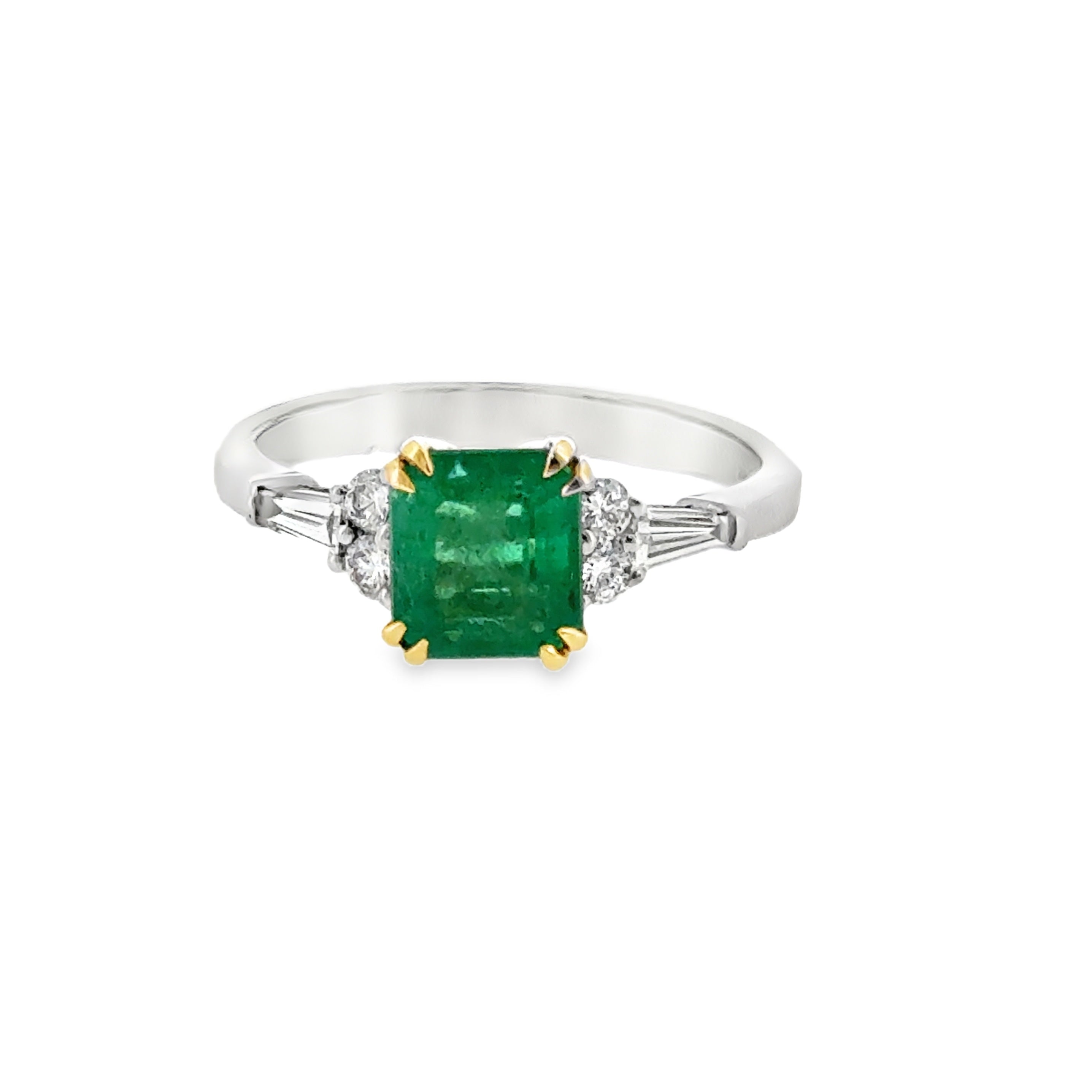 14 Karat White and Yellow Gold Fashion Ring with 1.62ct Emerald and Round and Tapered Baguette Cut Diamonds
