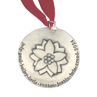 White Pewter Holiday Poinsettia Family Ornament. Personalize It By Hav