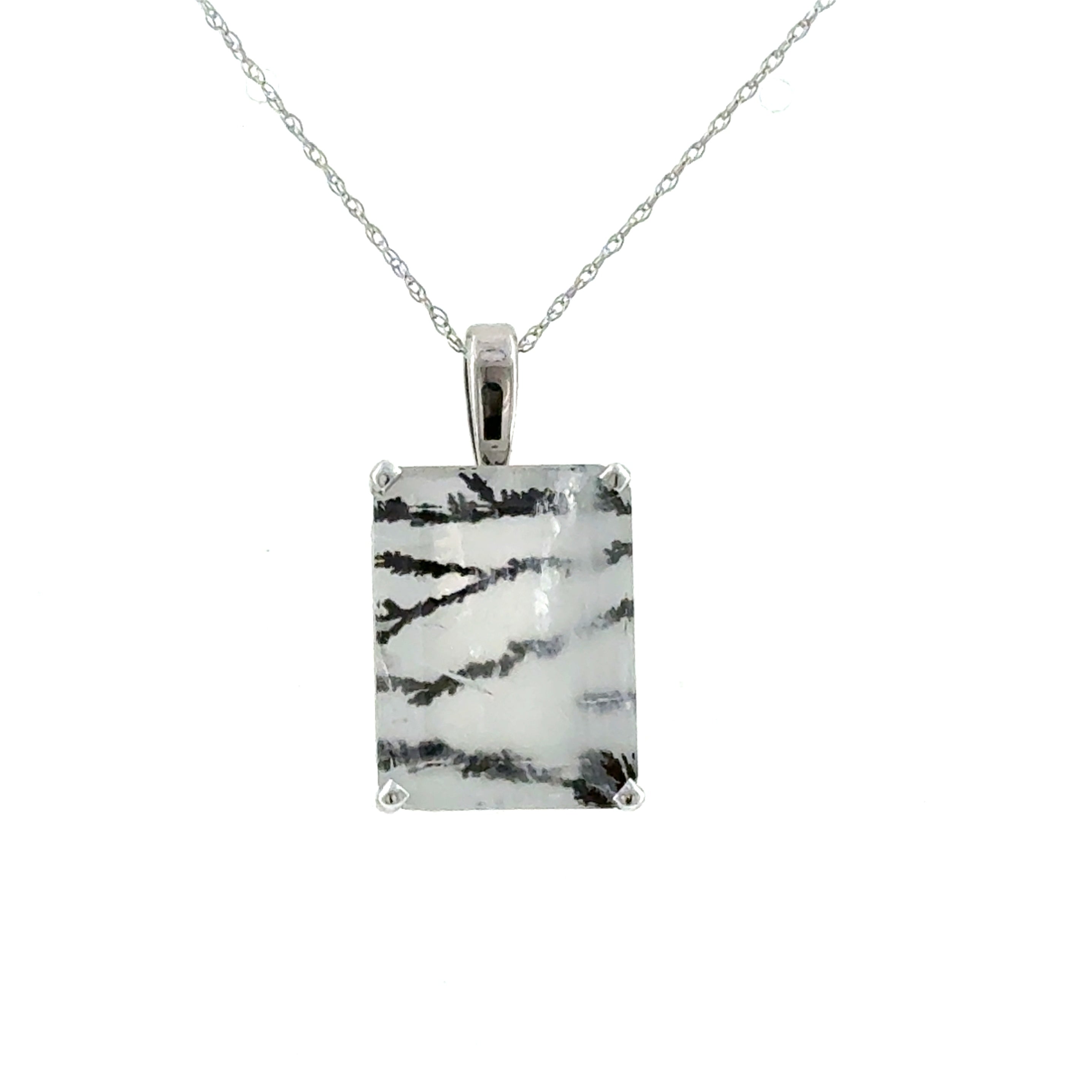 14 Karat White Gold Emerald Cut Dendritic Quartz Pendant