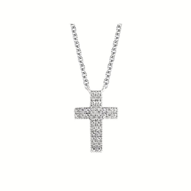 White Sterling Silver Cross Pendant Length 18 With 0.05Tw Round H/I Si2 Diamonds