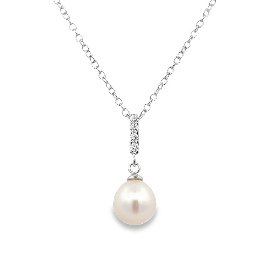Lady's White Sterling Silver Drop Necklace With One Fresh Water Pearl