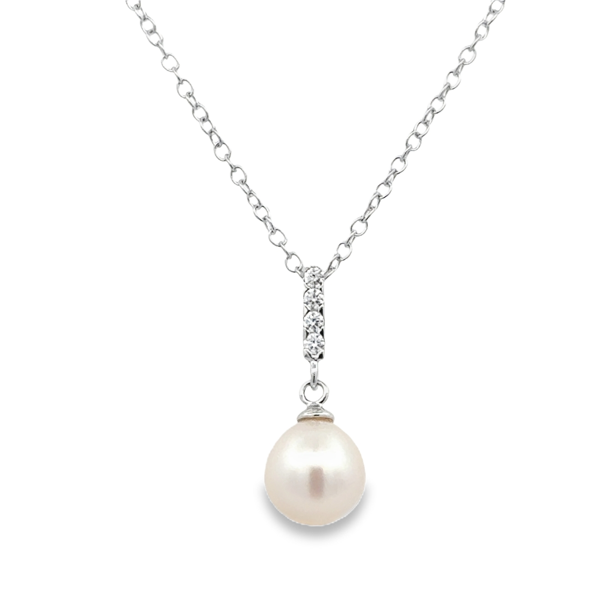 Lady's White Sterling Silver Drop Necklace With One Fresh Water Pearl