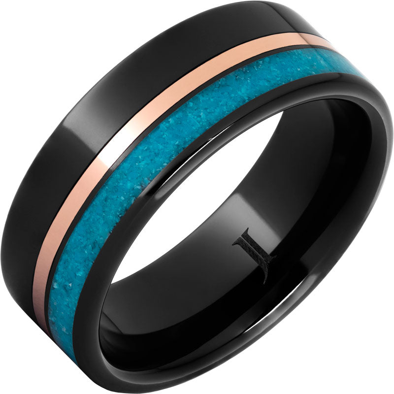 Gent's Black Ceramic Polish 8Mm Flat, With 1Mm Gold, And 2Mm Turquoise Inlay Gents Ring Size 10