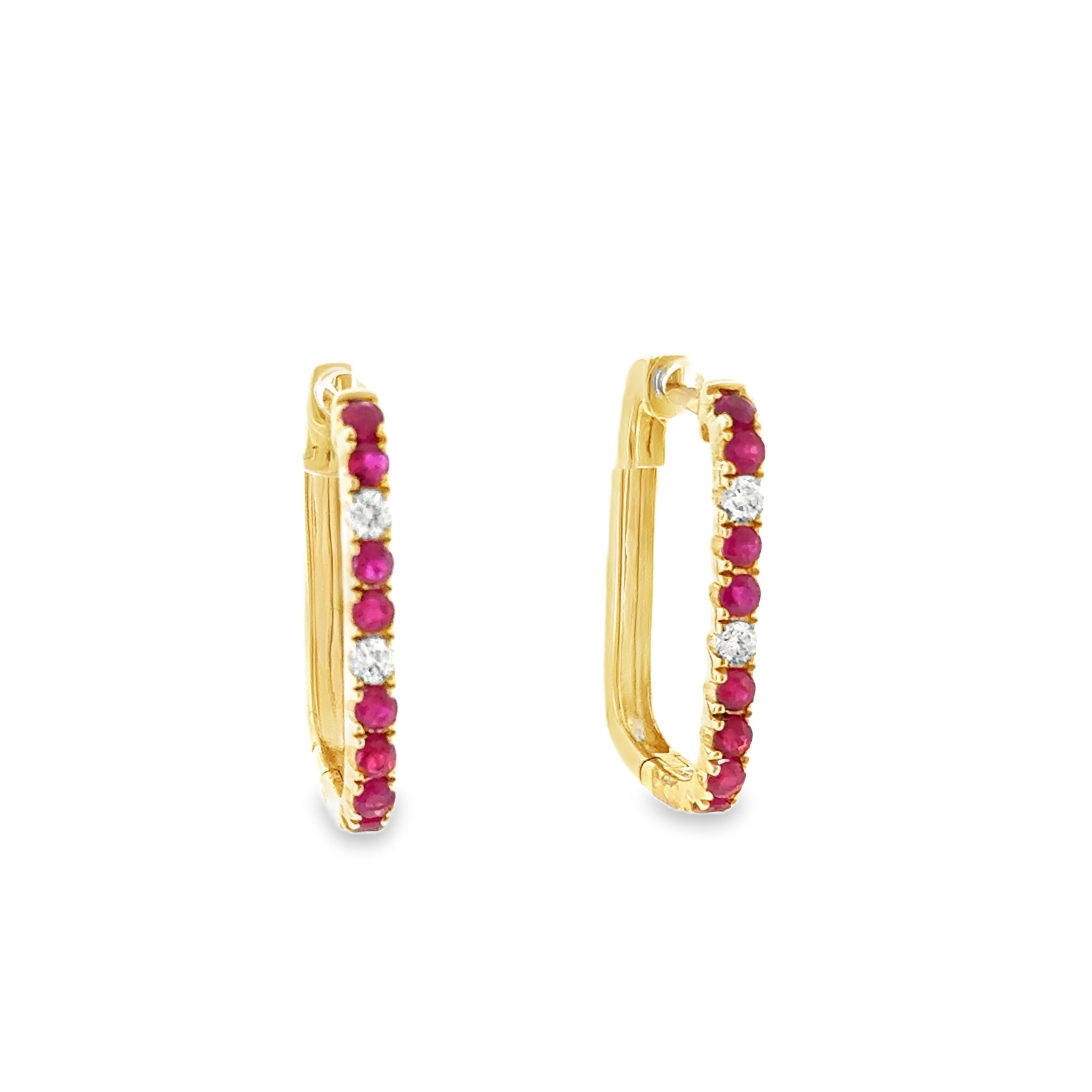 Lady's Yellow 14 Karat Elongated Hoop Earrings 16 = 0.72tw Round Rubys
4 = 0.16tw Round H/I SI2 Diamonds