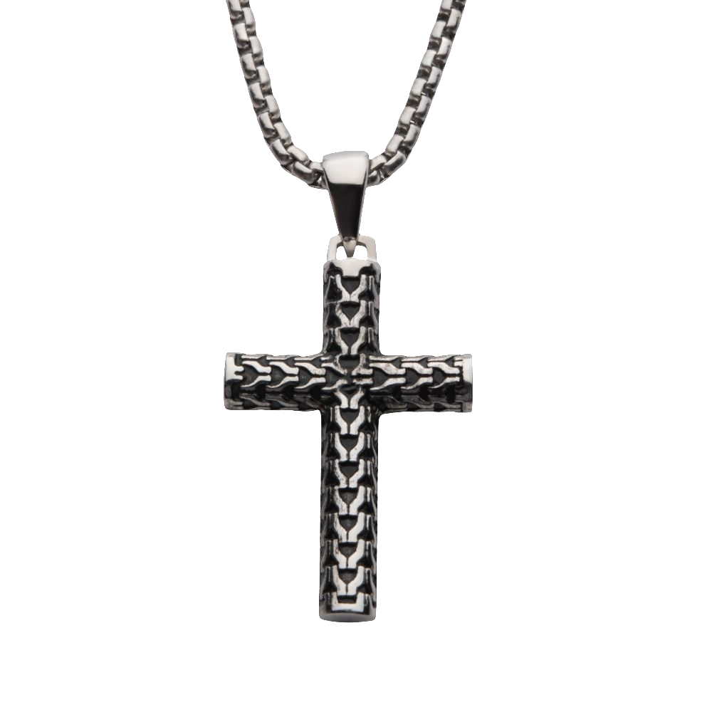 White Stainless Steel Scale Cross Drop, With Bold Box Chain 22" Fashio