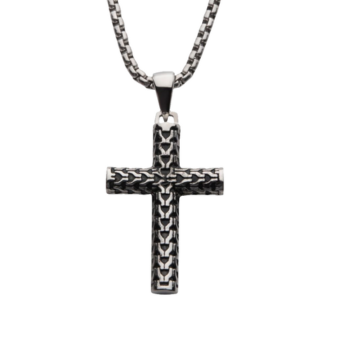 White Stainless Steel Scale Cross Drop, With Bold Box Chain 22" Fashio
