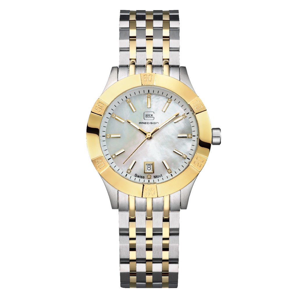 The brushed stainless steel case is highlighted by a polished gold-ton