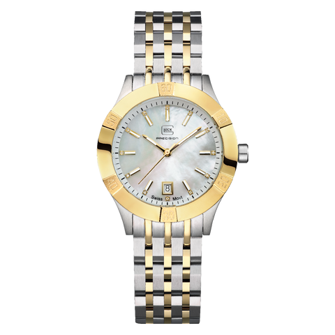 The brushed stainless steel case is highlighted by a polished gold-ton