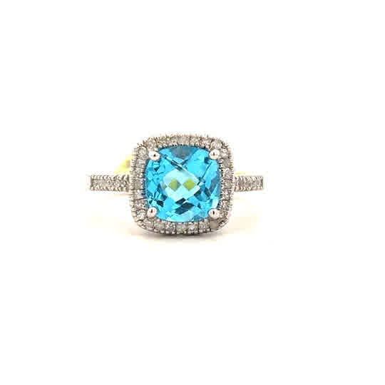 Blue Topaz Cushion Halo Ring | 14k Yellow