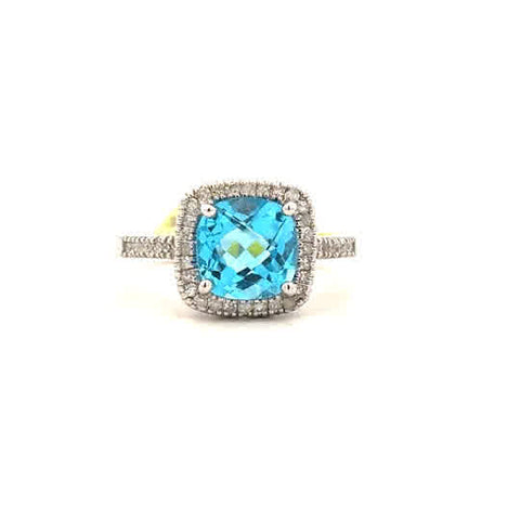 Blue Topaz Cushion Halo Ring | 14k Yellow