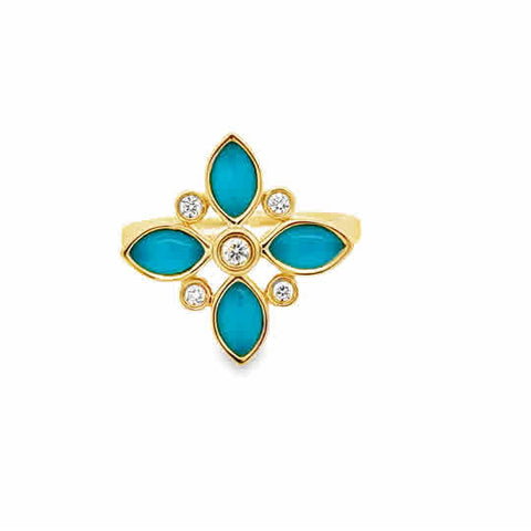 Elegant 18K gold Clear quartz over turquoise fashion ring
