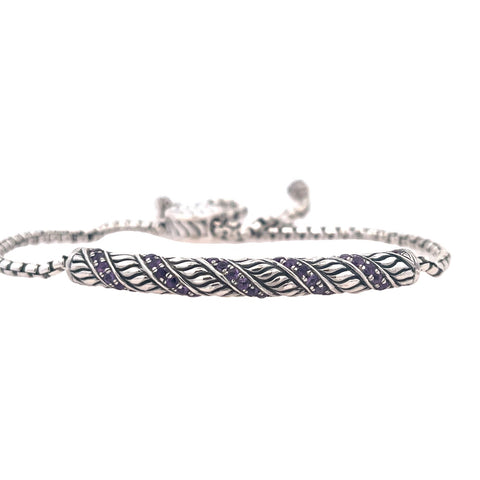 Lady's White Sterling Silver Pave' Swirl Bolo Bracelet With Round Amet