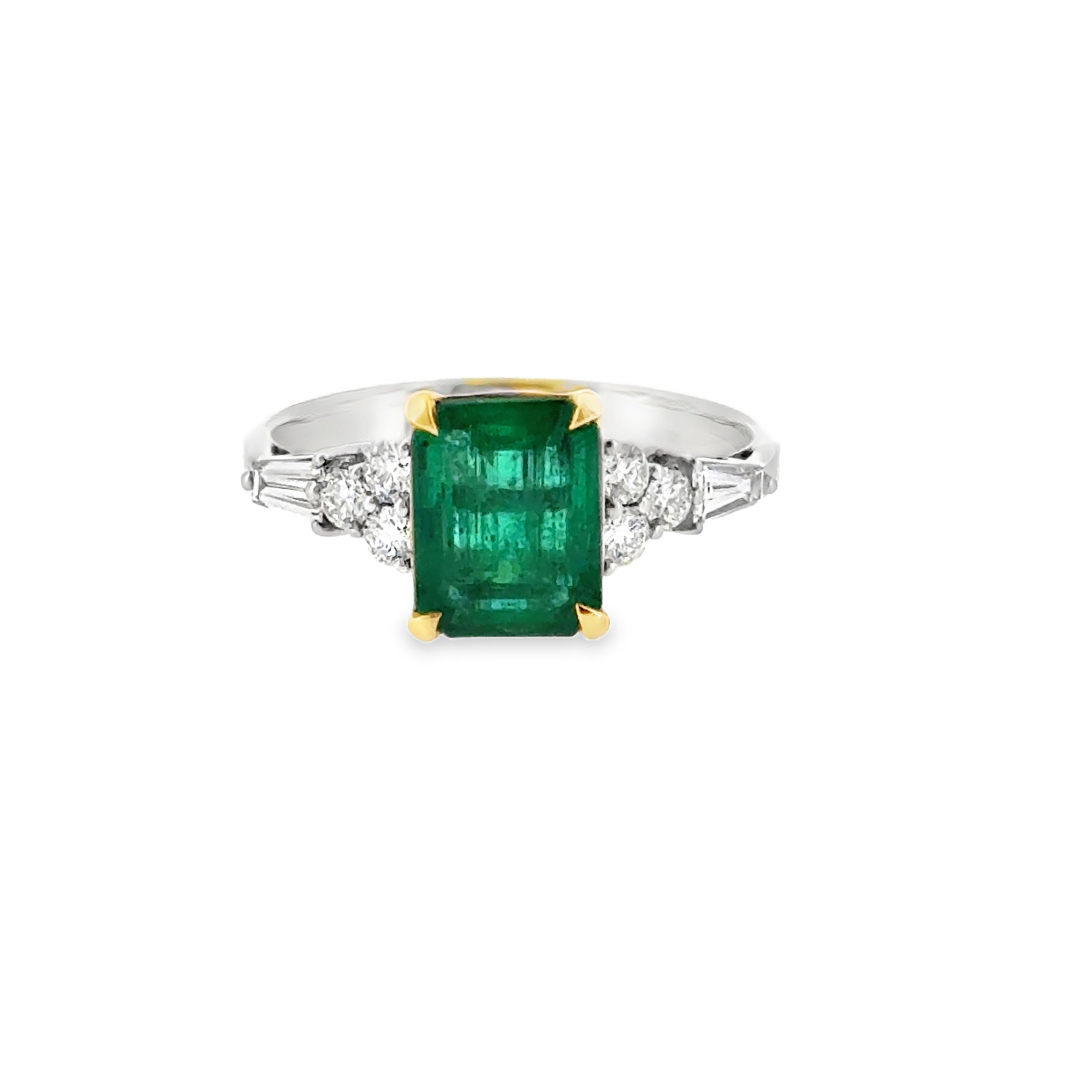 14 Karat Yellow and White Gold with Emerald and Diamonds Fashion Ring