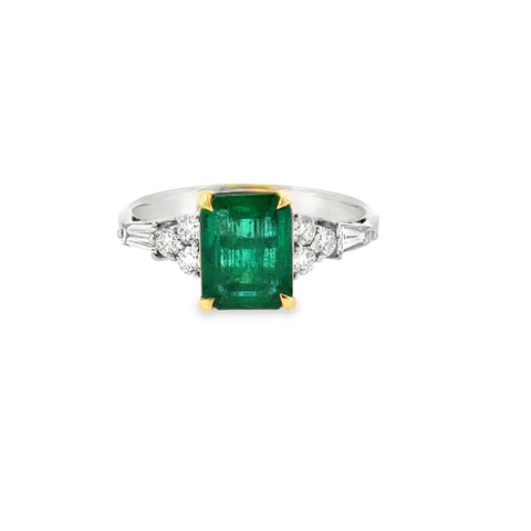 14 Karat Yellow and White Gold with Emerald and Diamonds Fashion Ring