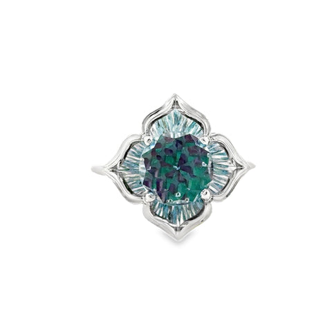 Ladies 14 Karat White Gold DavinChi Cut Ring One 8.00mm Blue Topaz Other and Ruby and Emerald Under