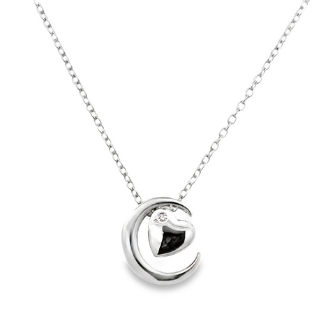 White Sterling Silver Love You To The Moon Pendant With = 0.02Tw Round