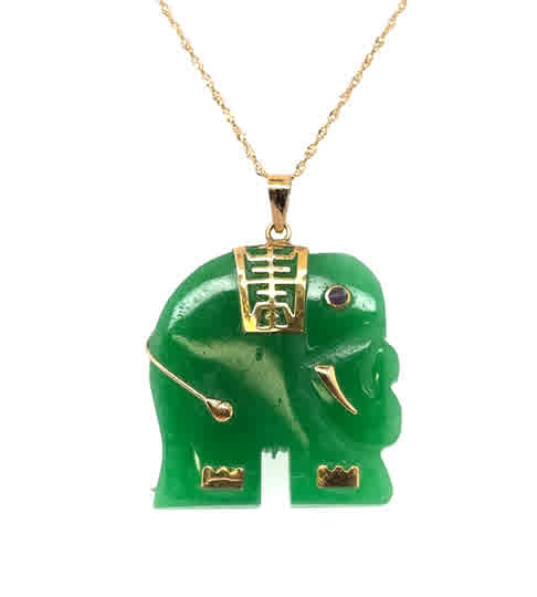 Jade, Good Luck Fortune Elephant Pendant | 14k Yellow