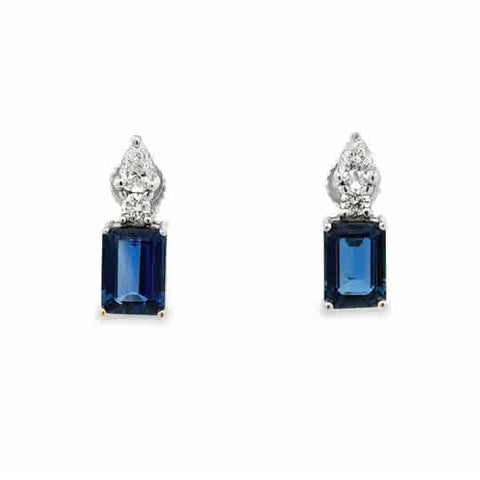 14 Karat White Gold Fashion Earrings with Emerald Cut Sapphires, Pear Cut and Round Brilliant Cut Diamonds