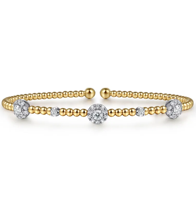 14K White-Yellow Gold Bujukan Diamond Cluster Stations Bangle, Bujukan Collection .54ctw Round Diamonds