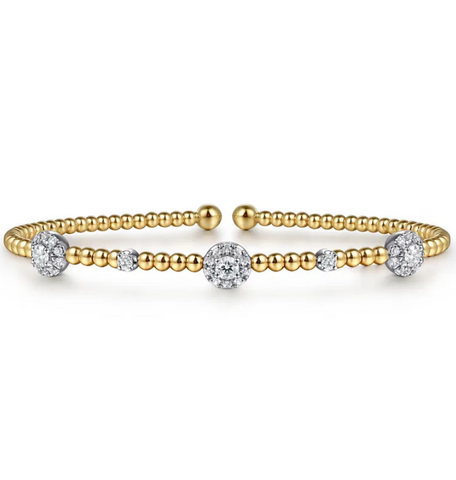 14K White-Yellow Gold Bujukan Diamond Cluster Stations Bangle, Bujukan Collection .54ctw Round Diamonds
