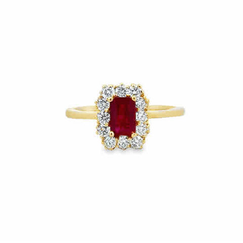 14 Karat Yellow Gold Fashion Ring with an Emerald Cut Ruby, and Round Brilliant Cut Diamonds