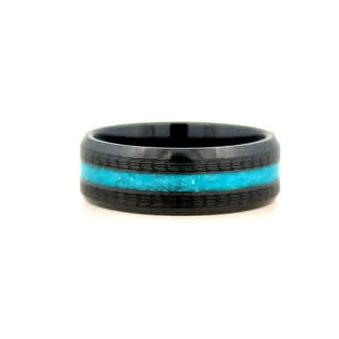 Gent's Black Ceramic Polish 8Mm With 2Mm Turquoise Inlay, Beveled Edge