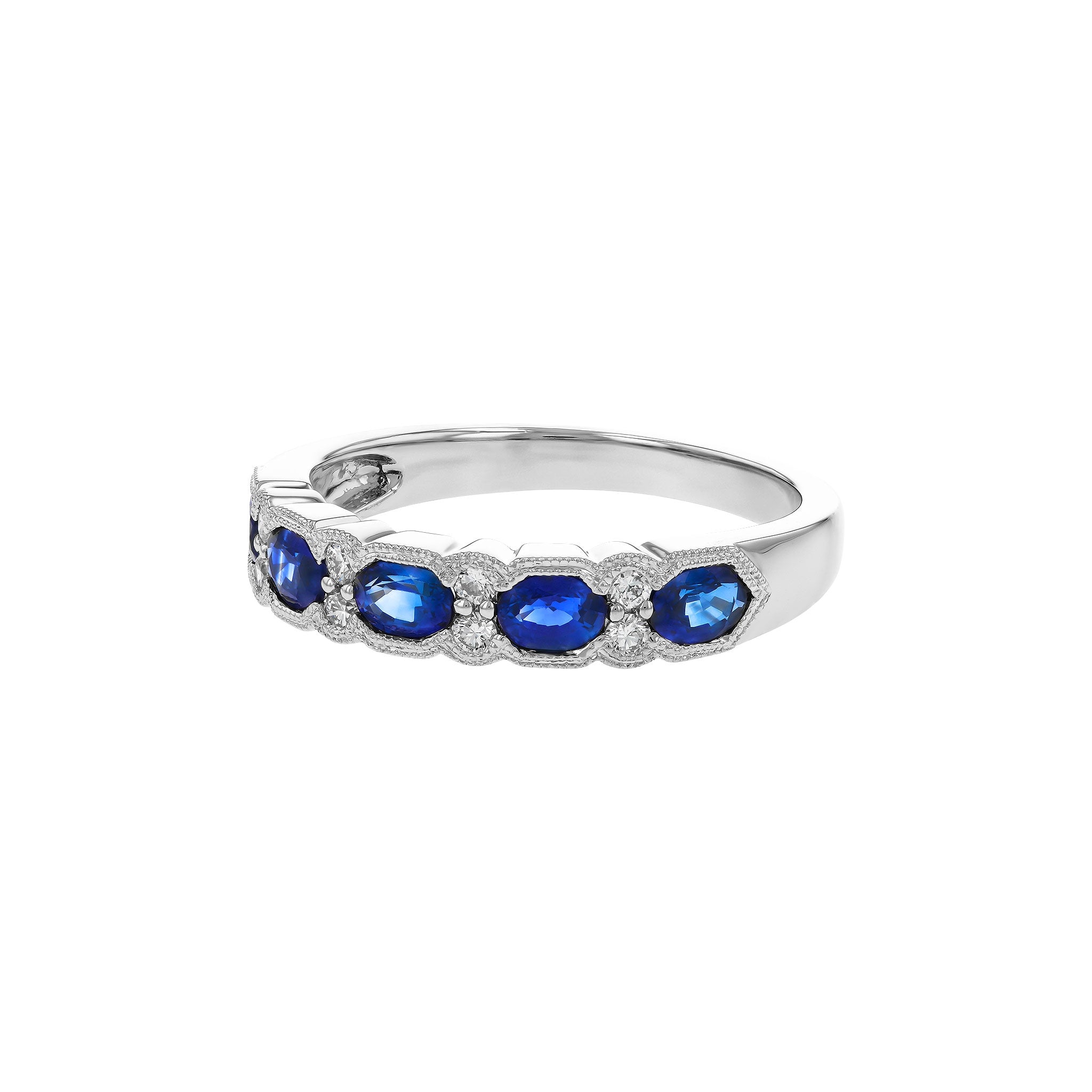 14 Karat White Gold Vintage Style Ring with .92ctw Sapphires and .12ctw Round Brilliant Cut Diamonds