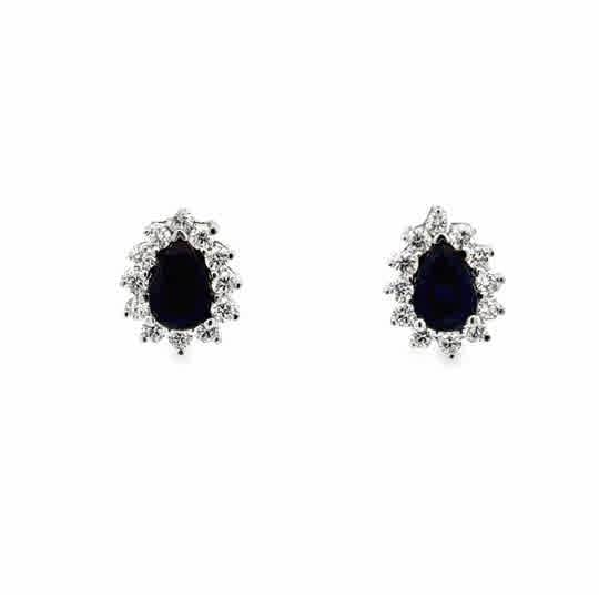 14 Karat White Gold Halo Fashion Earrings with Pear Cut Sapphires,  and Round Brilliant Cut Diamonds
