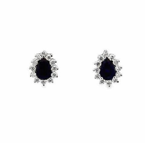 14 Karat White Gold Halo Fashion Earrings with Pear Cut Sapphires,  and Round Brilliant Cut Diamonds