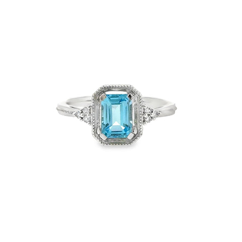 Sterling Silver Vintage Style Fashion Ring with 1.14ctw Blue Topaz and .05ctw Round Diamonds
