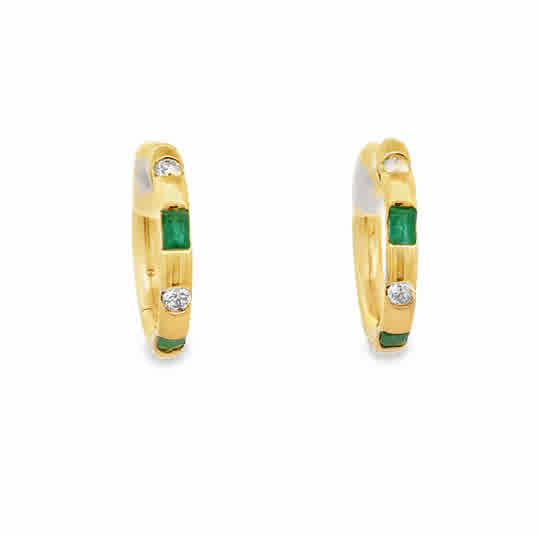 Silent Opus Duo Hoops with Round Diamonds and Princess Emeralds 14ky