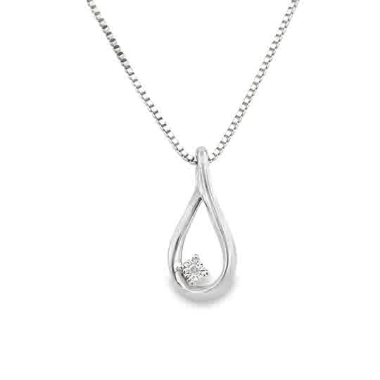 White Sterling Silver Teardrop Pendant Length 18 With 0.01Tw Round G/H